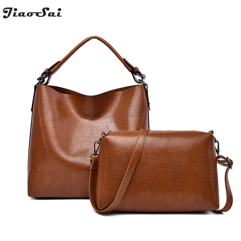 

2PCS Bucket Women Bag High Quality Oil wax Women's Leather Handbags Solid Crossbody Messenger Bag Big Tote Shouler Bag Set Bolsa