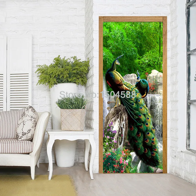 Китайский стиль 3D зеленый лес павлин пейзаж наклейка на дверь гостиная домашний декор обои 3D дверь Фреска ПВХ водонепроницаемый Декор