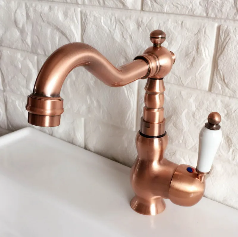 Antique Red Copper Brass Bathroom Kitchen Basin Sink Faucet Mixer Tap Swivel Spout Single Handle One Hole Deck Mounted mnf405