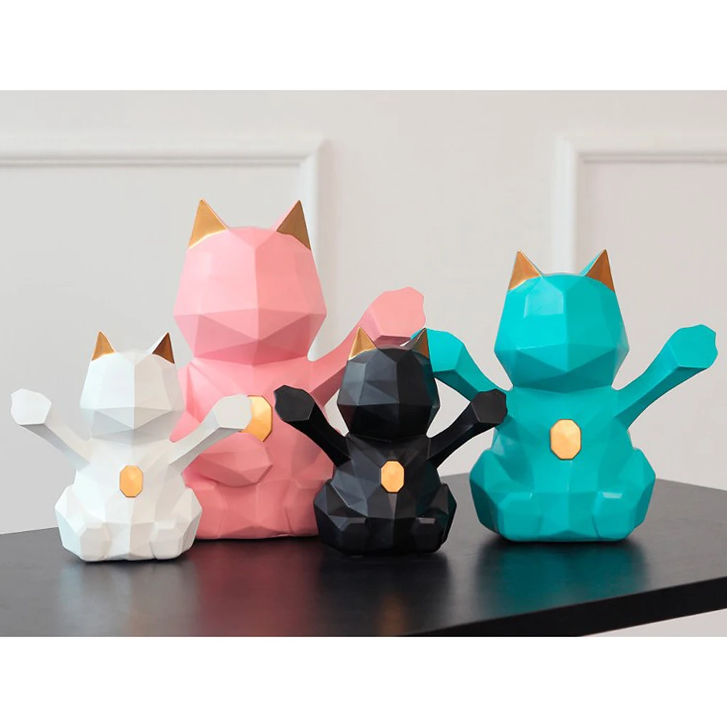 3D Abstract Art Geometric Fortune Lucky Cat Sculpture Resin Animal Statue Figurines Feng Shui Decor