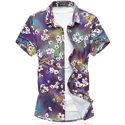 3722 purple LONMMY Плюс Размер 6XL 7XL белая рубашка с цветочным рисунком мужская одежда короткий рукав тонкий крой Повседневная Цветок мужские рубашки блузки лето - Цвет: 3722 purple