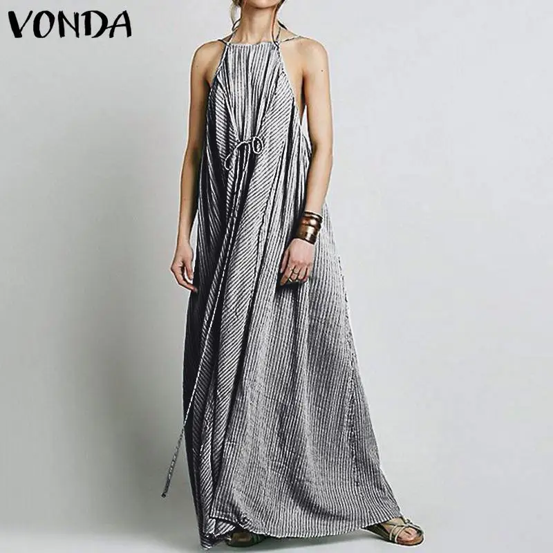 Длинное летнее платье макси 2019 VONDA винтажное повседневное свободное сексуальное