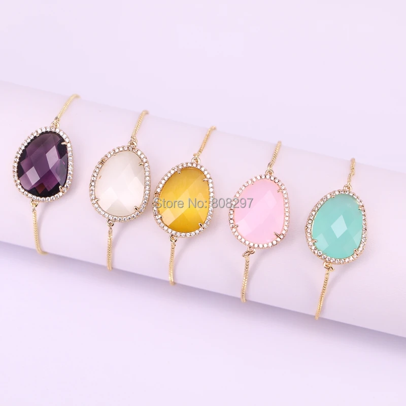 

10Pcs Mixed Color Quartz Stone Connector Bracelets, CZ Micro Pave Adjustable Charm Bracelet For Women