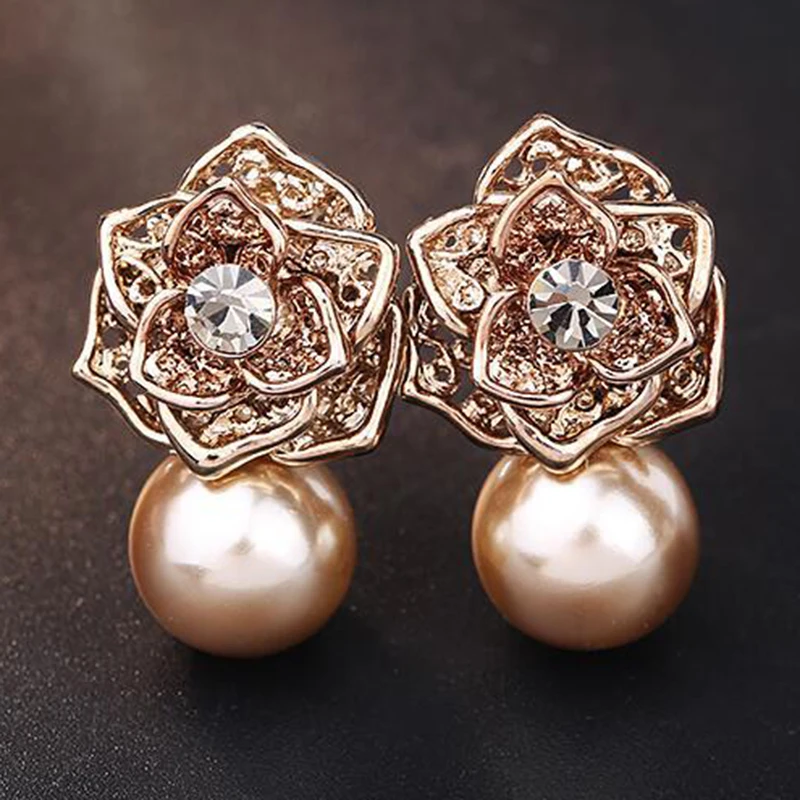 

2019 Luxury Vintage Rose Flower Stud Earrings Imitate Pearl Earrings For Women S925 Earing Jewelry Mother's Day Gifts oorbellen