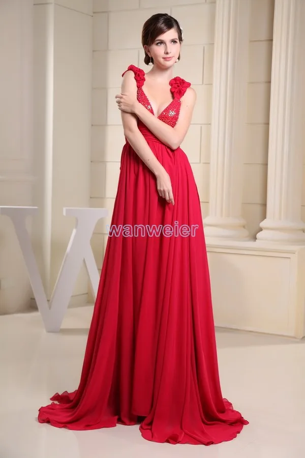 

free shipping 2013 new arrival hot sale beading v-neck custommade color strap plus size long gowns red chiffon Cocktail Dresses