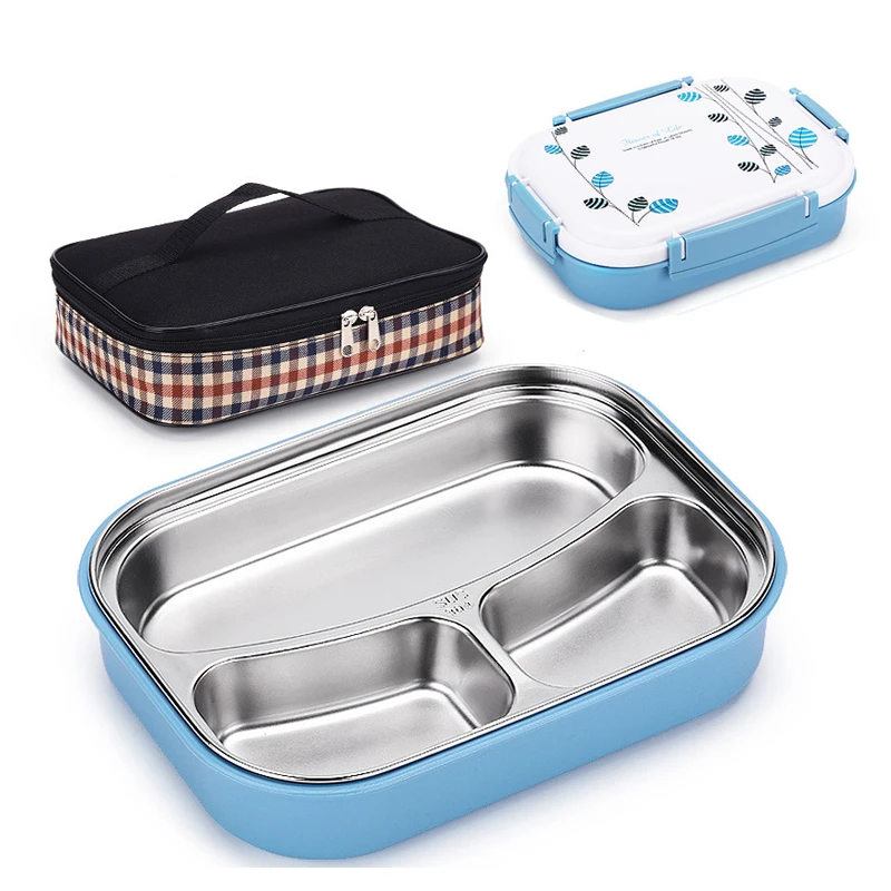White Rectangle Lunch Box With Bag Stainless Steel Lunchbox Bento Thermal Leakproof Plastic Food