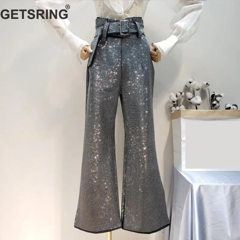 

GETSRING Women Pants Hot Drilling High Waist Loose Wide Leg Pants Elastic Cotton Loose Pants Fashion Loose Long Trousers Spring