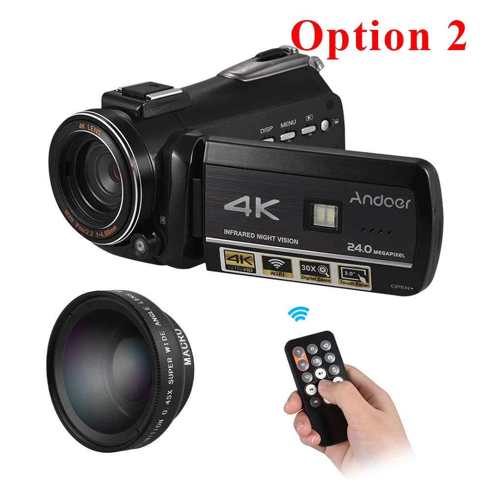 Andoer Профессиональная цифровая видеокамера 4K UHD 24MP Camara Camcorder w/0.39X широкоугольный объектив бленда внешний микрофон - Цвет: With 0.39x Lens