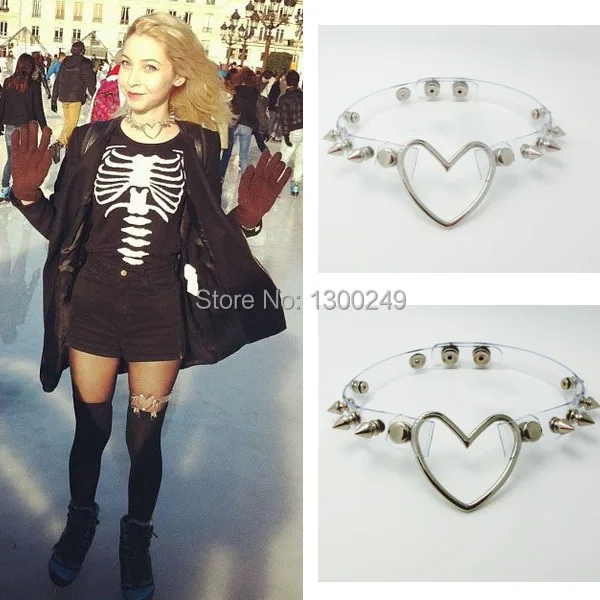 

Sexy Fashion Harajuku Hot Dark Heart Rivet Necklaces Clear Leather handmade punk Choker Rock Collar Punk Goth free shipping