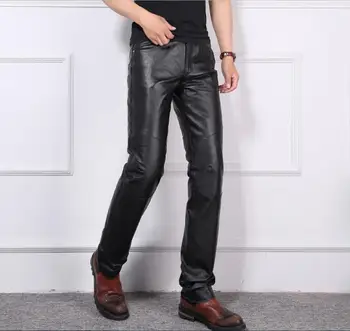 

winter leather pants men's windproof leather pants sheepskin motorcycle down pants thick straight leather pant warm trousers