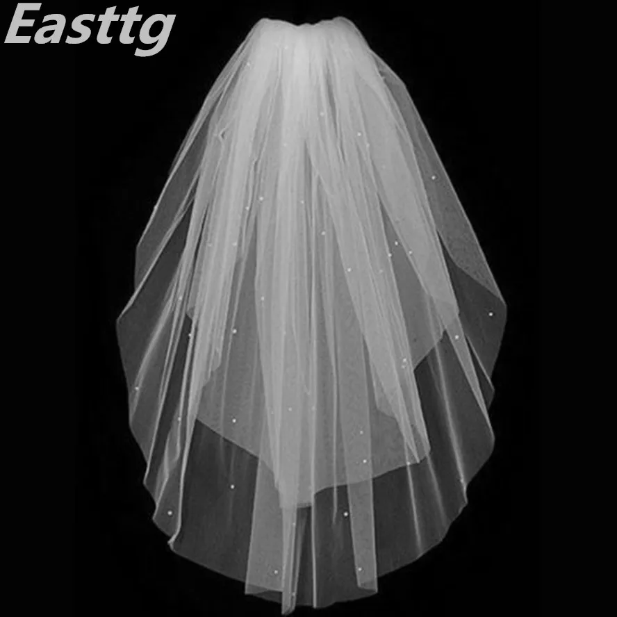 

white Ivory Elegant Long Wedding Veil with Comb Two-Layers soft Net with crystal Bridal Veils Wedding Accessories Veu de Noiva