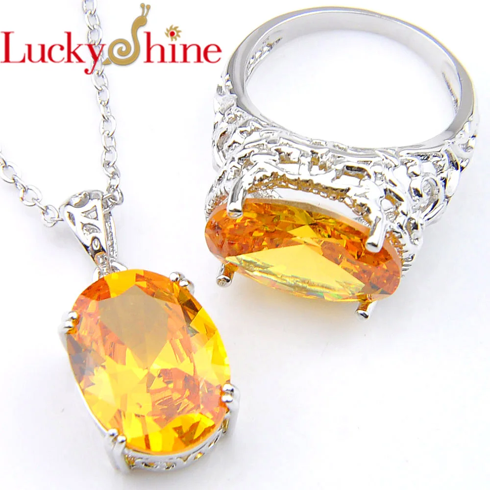 

Luckyshine Wedding Holiday Gift Silver Plated Oval Yellow Zircon Created Stone Rings Pendants Necklaces Wedding Jewelry Sets