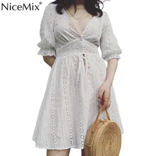 NiceMix Sexy V Neck Hollow Out Lace Dress Women Half Sleeve Tie Up Autumn Dress Female Casual Button Winter White Dress Vestido NiceMix Sexy V Neck Hollow Out Lace Dress Women Half Sleeve Tie Up Autumn Dress Female Casual Button Winter White Dress Vestido