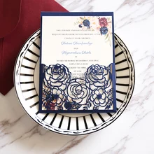 Персонализированные цветочные свадебные приглашения марсала, лазерные срезы на заказ приглашения, элегантные свадебные, темно-синее приглашение