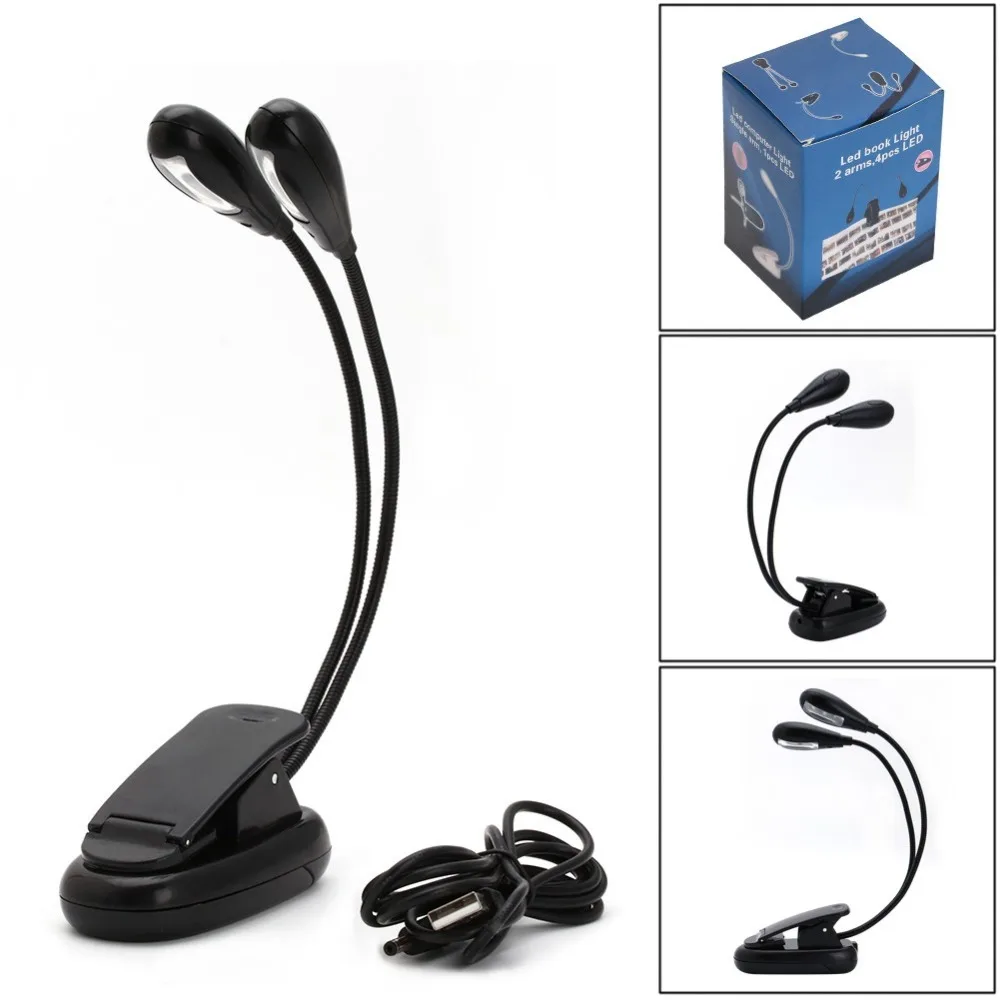 

New Flexible 2 Dual Arm Light 4 LED Clip On Lamp For Book Reading Tablet Laptop D14