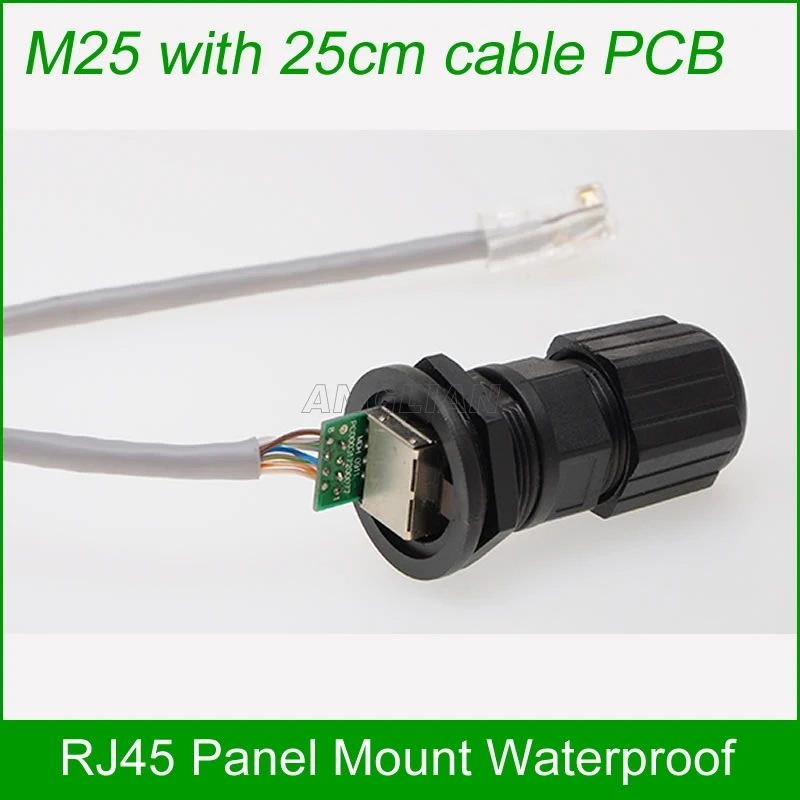 

M25 RJ45 PCB IP67 waterproof connector Printed circuit board 25cm network cable Ethernet Panel Mount adapter soldering 10 units