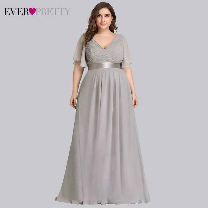 Grey Вечерние платья размера плюс Ever Pretty EP09890, элегантное шифоновое вечернее платье с v-образным вырезом и оборками, вечернее платье, платье для вечеринки, Robe De Soiree - Цвет: Grey