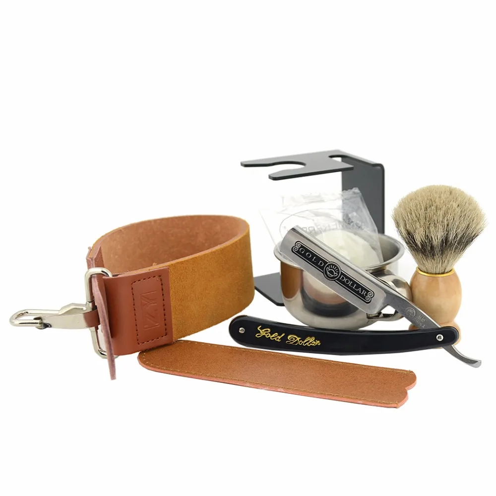 Pаспродажа ZY Прямые бритвенные бритвы Золотой доллар Best барсук кисточки для бритья мыло чаша Парикмахерская Кожа Заточка Strop ремень для мужчин набор