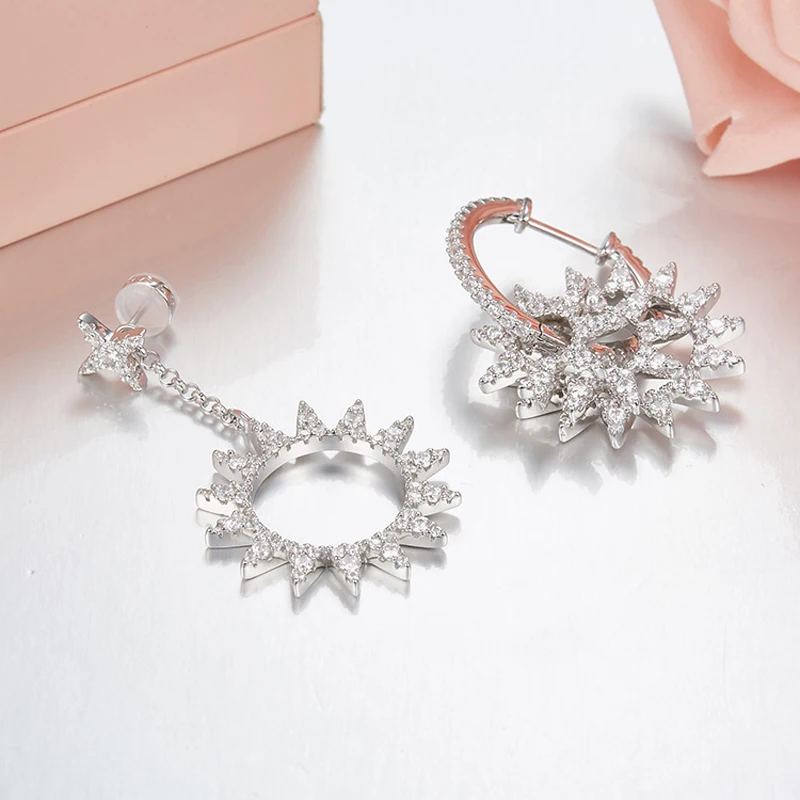 

[MeiBaPJ]Real 925 Sterling Silver Simple Personality Gear Asymmetric Earrings for Women with AAA High Quality Zircon Jewelry