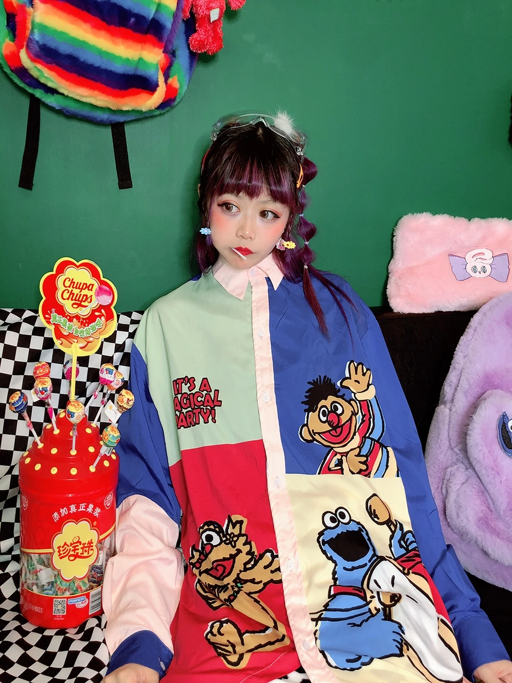 Harajuku стиль Childlike мультфильм цвет с длинным рукавом Тонкая карта рубашка рубашки для женщин