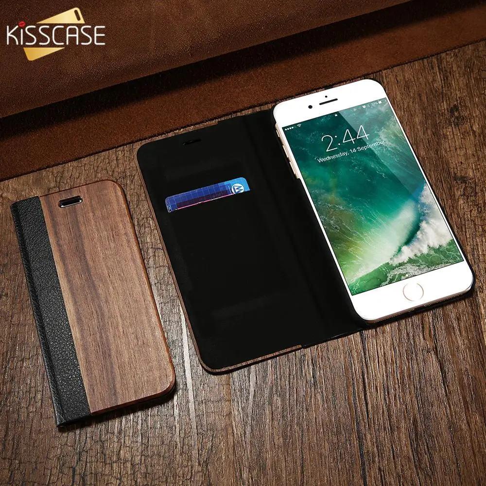 

KISSCASE Natural Bamboo Wood Phone Case For iPhone X 10 Ten Cases Card Slot Stand Flip Phone Cover For Samsung S7 S7 Edge Fundas