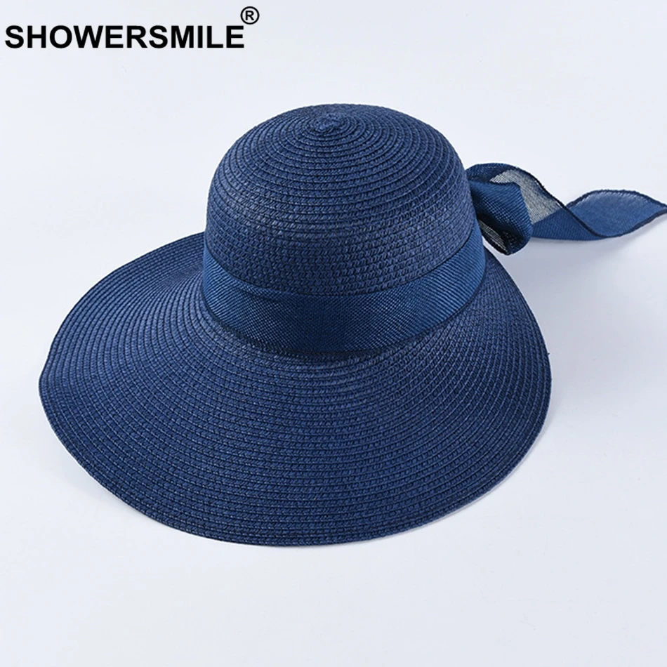 SHOWERSMILE большой соломенная шляпа с полями Для женщин 12 см Rosered женский головной убор от солнца модные бумажный с бантом Соломенная УФ-защита