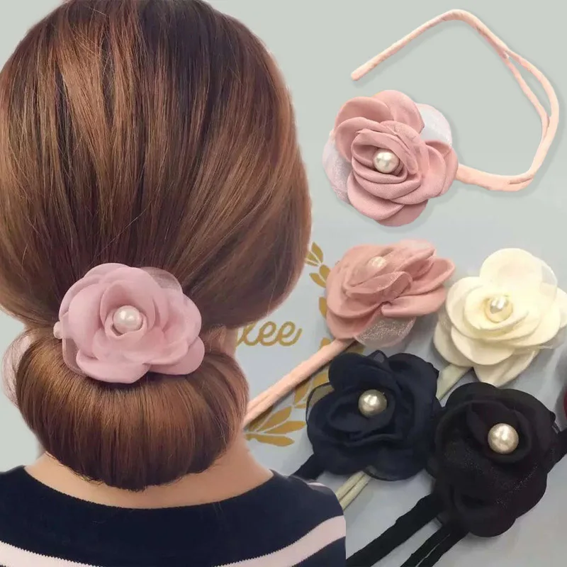 Korean Flower Bow Hair Clips Women Girls Elegant Hair Ties Bun Hair