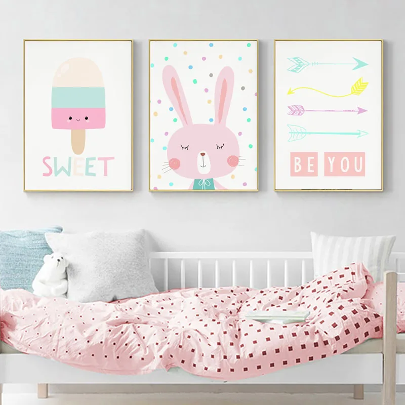 Для маленьких девочек Детская Wall Art плакат живопись на холсте мультфильмы кролик