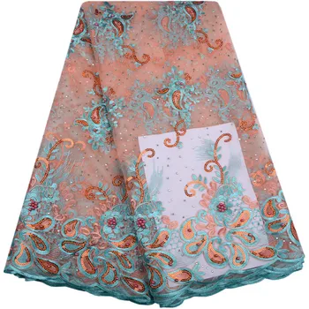 

New design Peach African Tulle Lace Fabric With Stone Embroidery Net Lace African French Lace High Quality With Bead Wedding 986