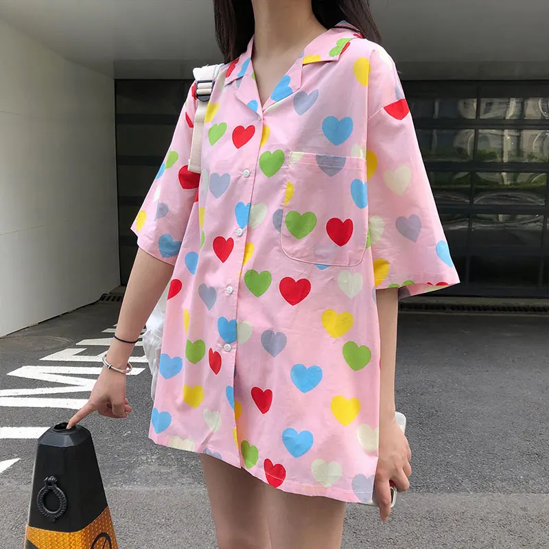 

2 colors 2019 summer preppy style loose heart print tops womens short sleeve shirts womens blouses (X579)