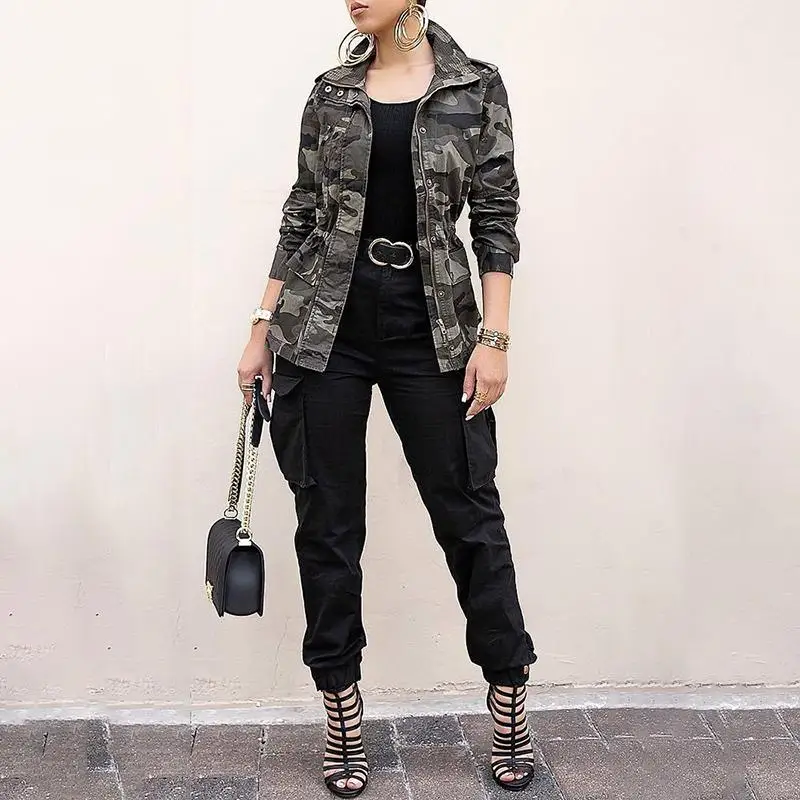 

2019 Autumn Women Fashion Elegant Streetwear Jacket Female Camouflage Military Zipper Pocket Design Coat