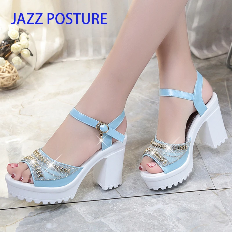 

summer Sandals for women beautiful Rhinestone high Thick heels sandalias mujer Big size 35-40 Party lady blue sandals y422