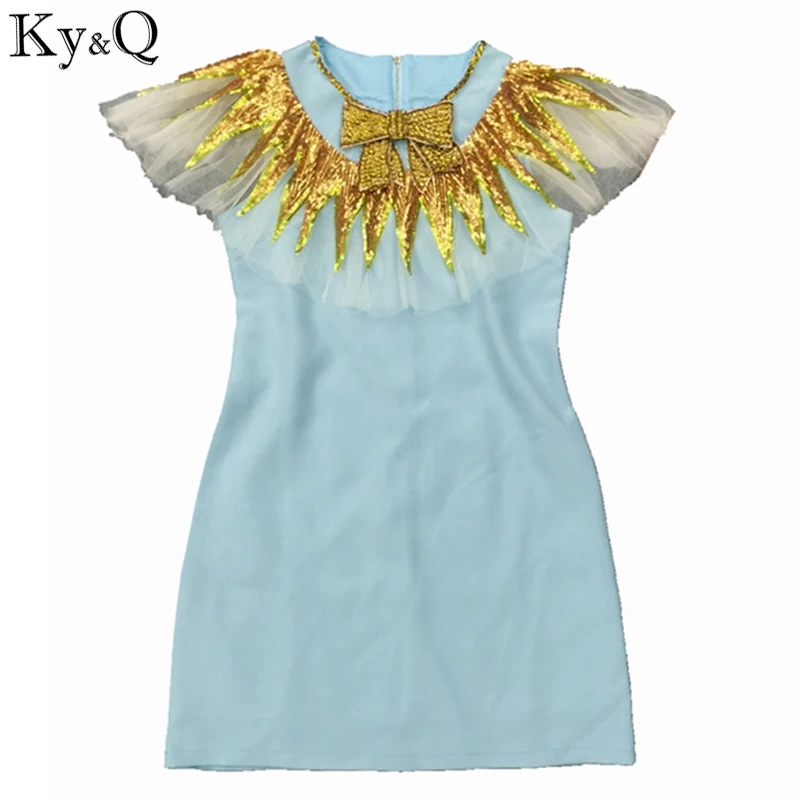 

Ky&Q 2017 Summer Runway Designer Women's Mesh Net Yarn Lotus Leaf Sequins Sun Collar Diamond Bow Dress Vestidos