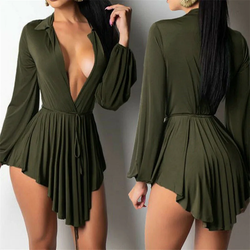 

2019 Summer Sexy Woman Deep V Neck V Neck Army Green Dress Female Casual Long Sleeve Irregular Pleated Elegant Short Vestidos