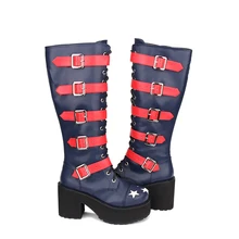 Angelic imprint/Новое поступление; сапоги до колена из искусственной кожи с круглым носком в стиле панк на платформе; обувь в стиле «лолита» со звездами; Размеры 35-46