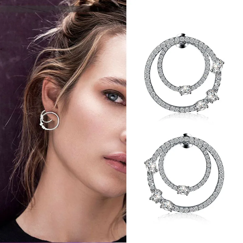 

Fashion S925 Silver Needle Double Circles Silver Earrings Exquisite Micro Mosaic Zircon Dual Used Stud Earrings for Women