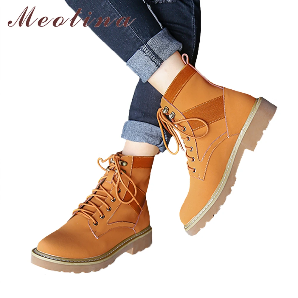 

Meotina Genuine Leather Motorcycle Boots Shoes Women Winter Round Toe Lace Up Female Boots Natural Leather Ankle Boots Autumn