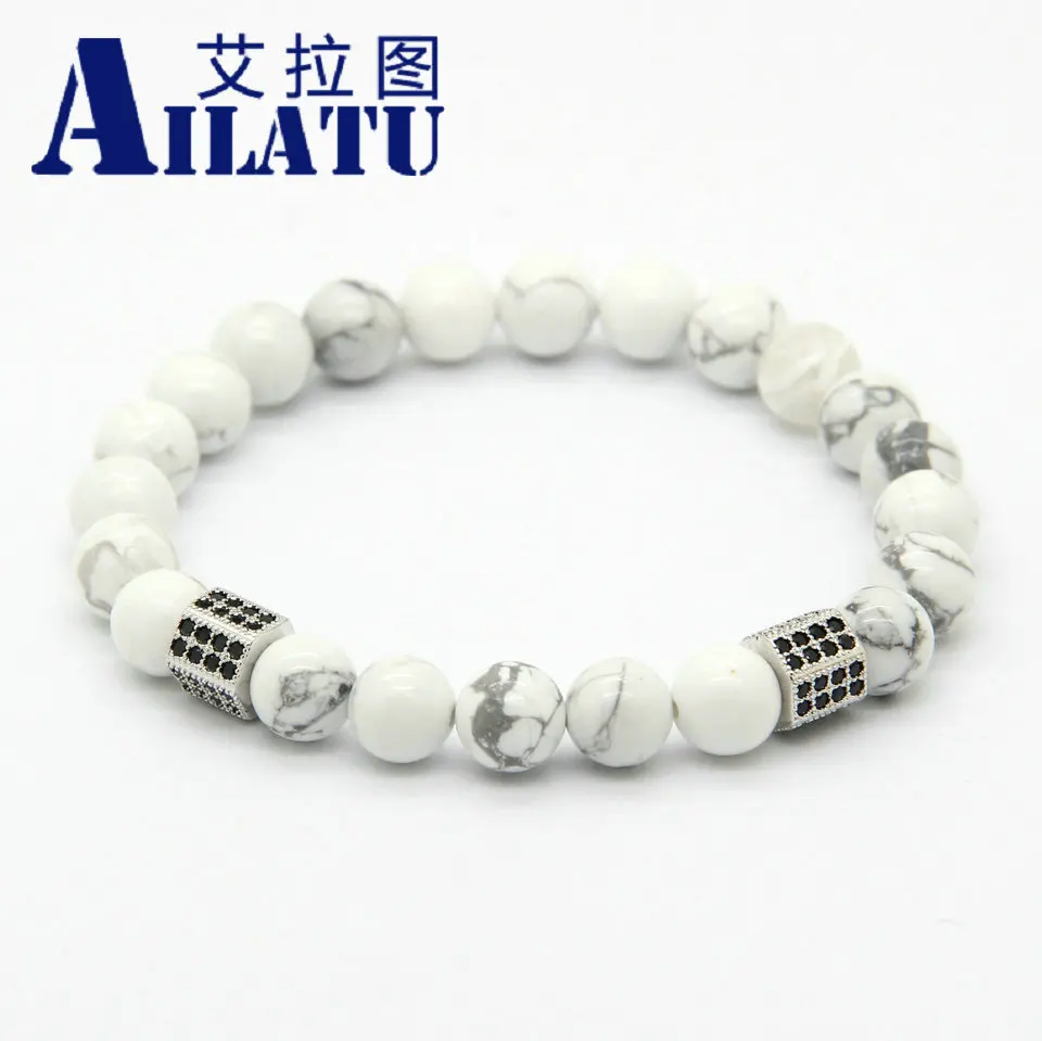 

Ailatu Fashion Bracelet 8mm Natural White Howlite Marble Stone Bead Rectangle Micro Paved Black Zircon CZ Men Casual Jewelry