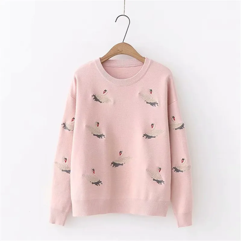 Новая мода, женский осенне-зимний брендовый свитер с вышивкой птицы, пуловеры, теплые вязаные свитера, пуловер для девушек - Цвет: Розовый