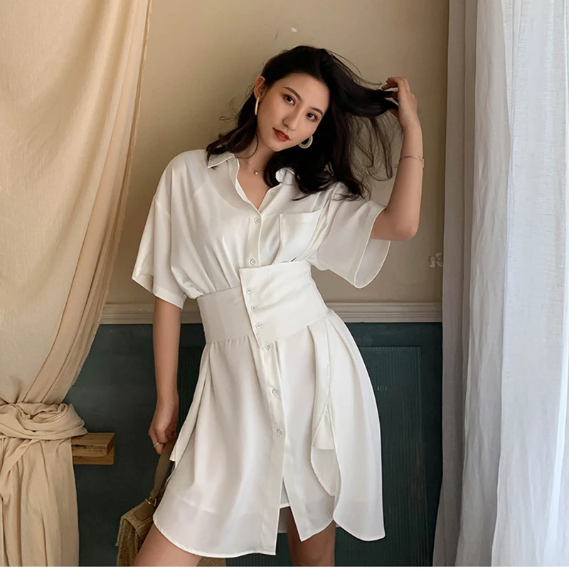 

Modern Lady Shirt Dress With Belt Summer Turn-down Collar Flare Sleeve High Waist Split Satin Dresses Trendy Streetwear Vestidos