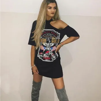 

Ladies Women Punk Rock Short Sleeve Eagle Print T-Shirt Cut Shoulder Halter Baggy