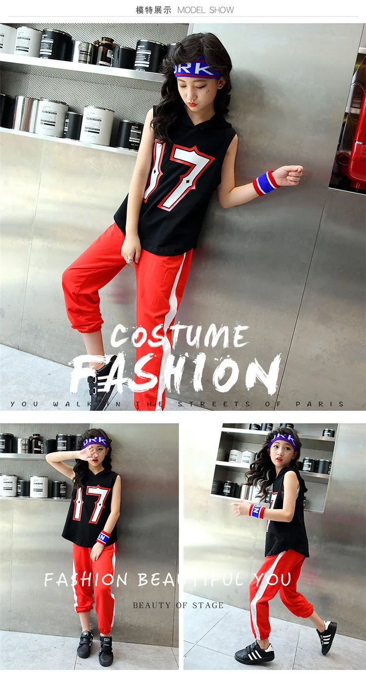 Girls Black long Hoodie Top Sleeveless Red Jogger Pants Jazz Hip Hop Dance Clothes For Kids Teen Girls Summer Sport Suits (3)