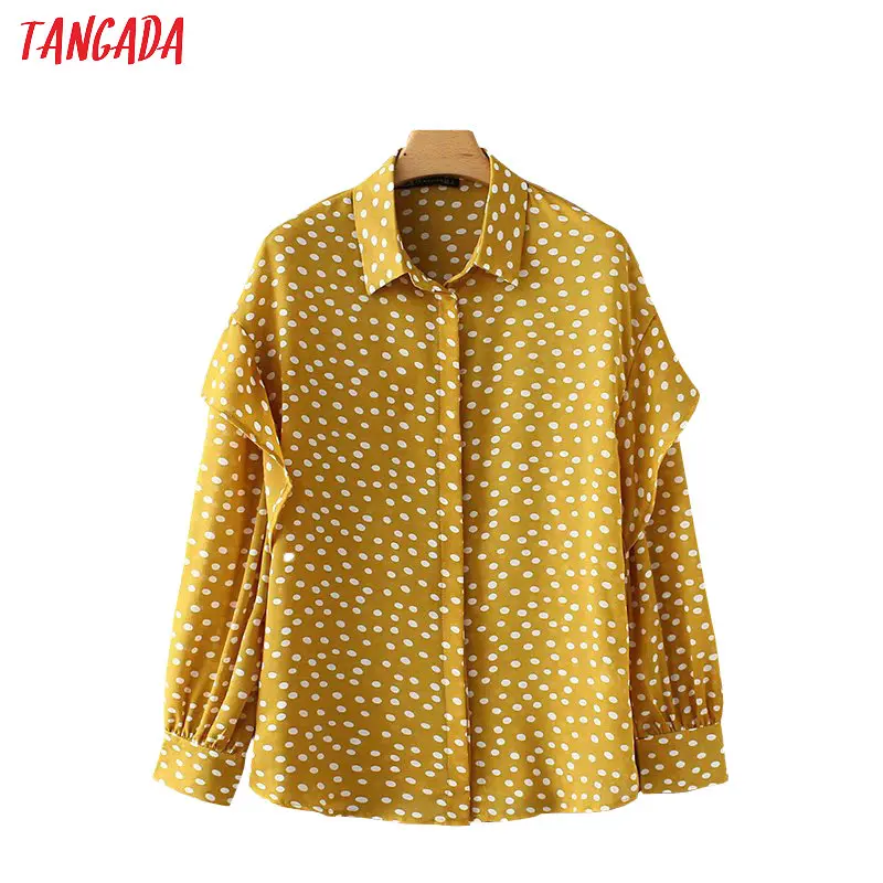 

Tangada womens tops and blouses polka dot yellow chiffon elegant shirt ruffles batwing long sleeve vintage top feminina YD183