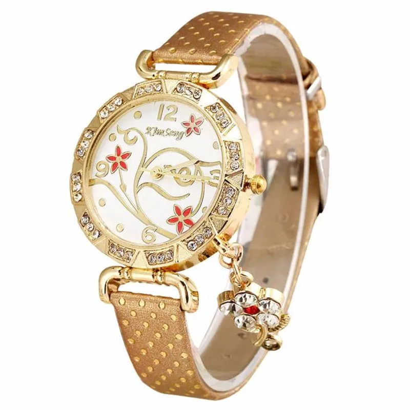 Модные Роскошные Для женщин Орхидея браслет с узором часы кожа Алмаз Кварц Платье наручные часы Баян коль saati A3