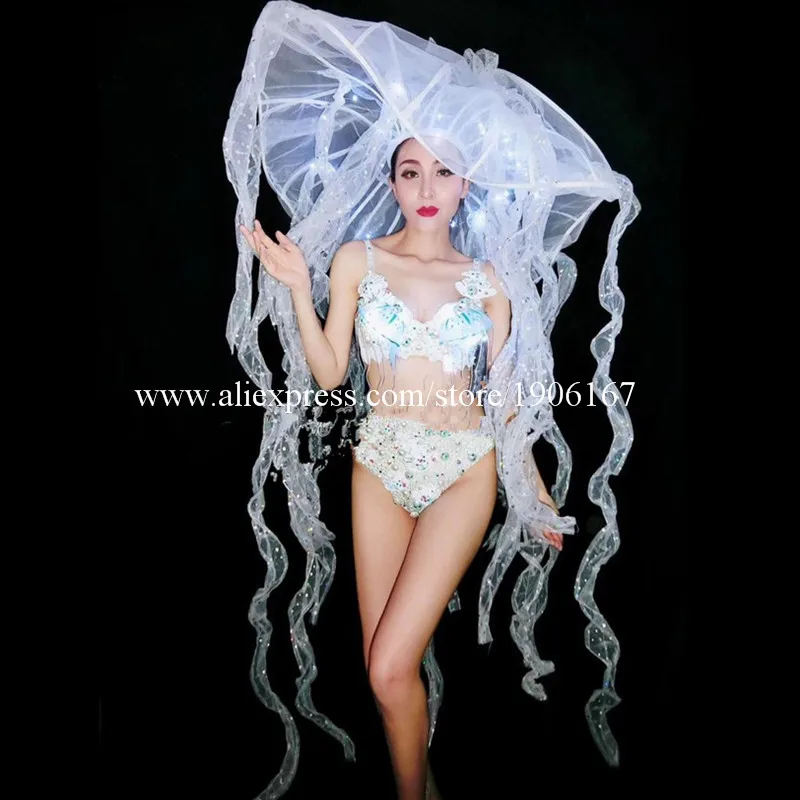 Nightclub bar new LED luminous jellyfish bikini set gogo stage DS costume white suit8