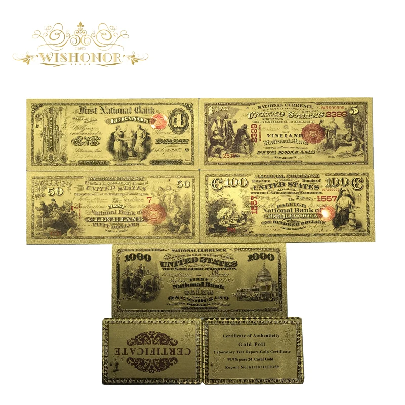 

6pcs/lot Value Collectible 1875 Year Colored America Banknotes 1 5 50 100 1000 Dollar Banknote in Gold Plated For Collection