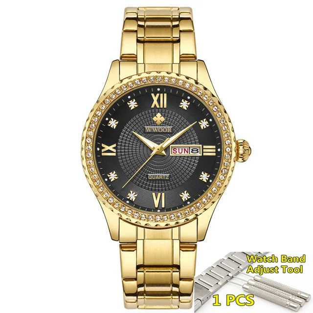 Мужские часы Топ бренд класса люкс WWOOR Алмаз Золотые мужские часы водонепроницаемые золотые нержавеющая сталь мужские наручные часы - Цвет: gold black