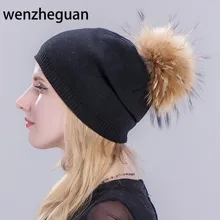 Новое поступление Женская зимняя шапка шарик из меха енота шапка женская вязаная женские шапочки с помпоном Шапка двойная теплая для мужчин и женщин Gorro Feminino