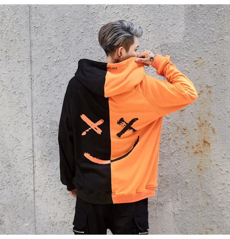 Aolamegs Hooded Sweatshirts Men Women Patchwork Smile Print Hoodie Fashion Casual Hip Hop Streetwear Contrast color Men Clothing (9)