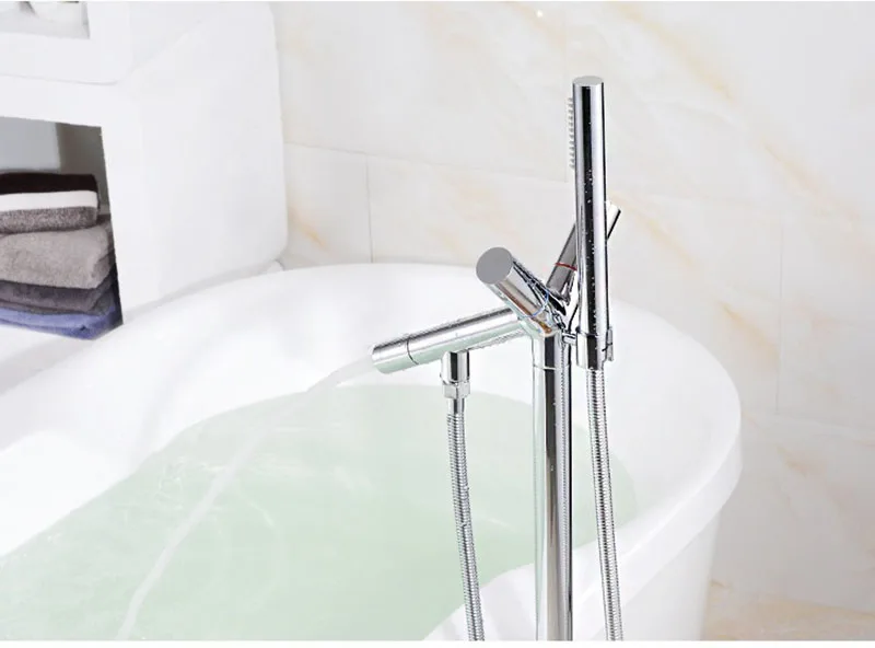 Напольный стоячий смеситель для ванной комнаты, латунный хромированный кран с двумя ручками, Ванна для душа, ванна для горячей и холодной воды, смеситель